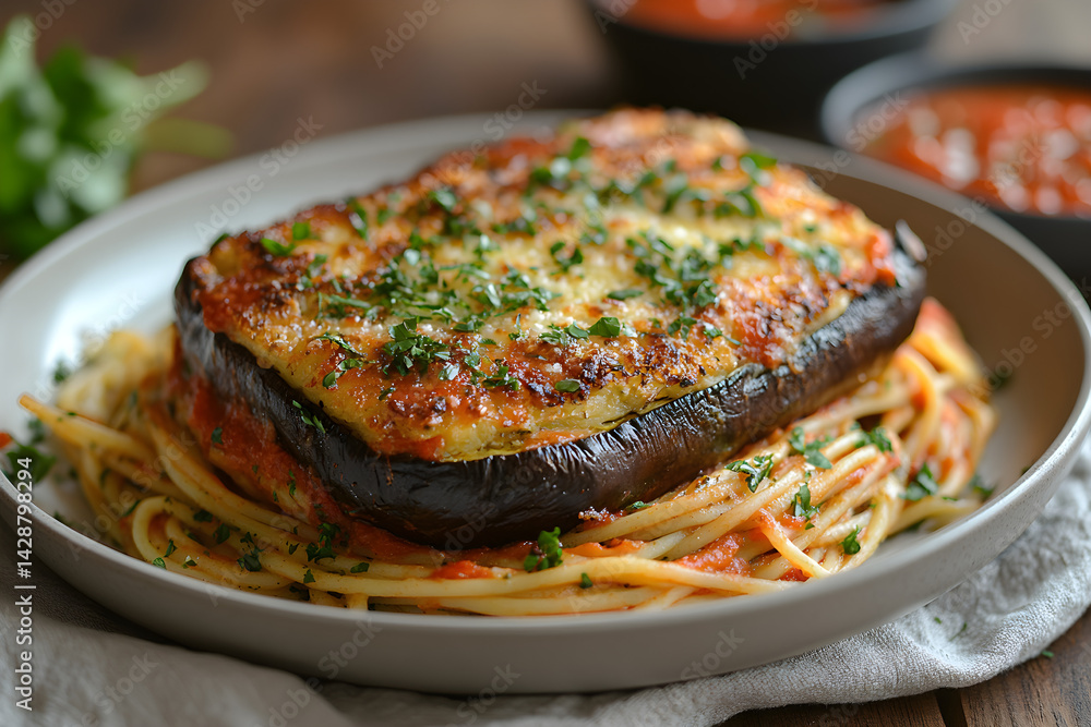 Baked eggplant parmesan served with spaghetti and marinara sauce