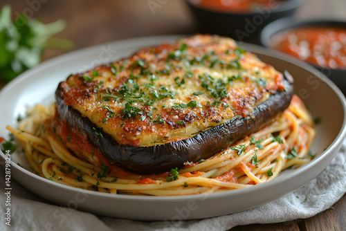 Obraz na płótnie Baked eggplant parmesan served with spaghetti and marinara sauce w salonie