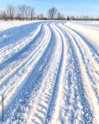 Winding snowy road curves through a winter landscape under a bright blue sky