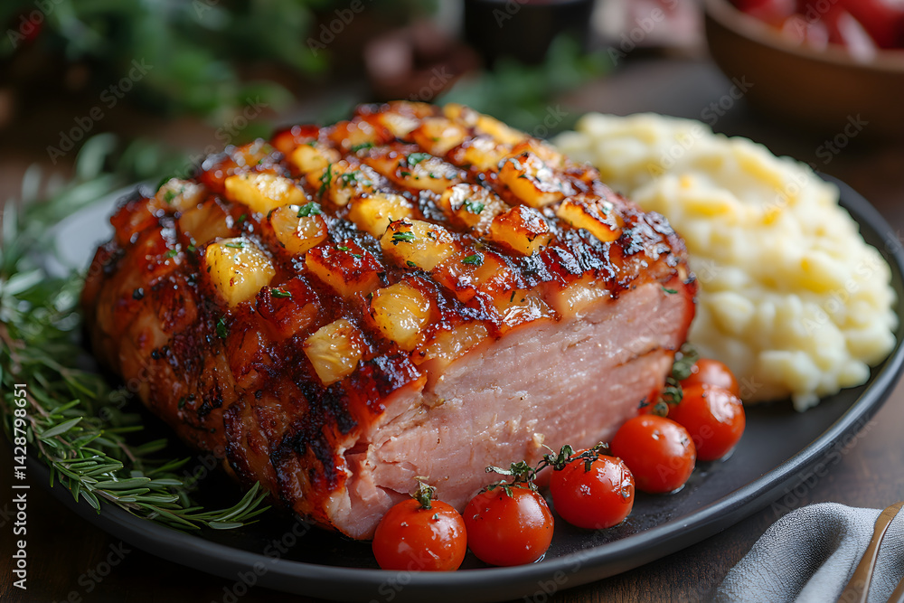 Baked ham with sweet pineapple glaze served with a side of mashed potatoes