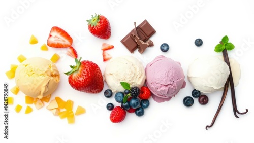 Plusieurs boules de glace avec des fruits frais. Vue de dessus en plongée