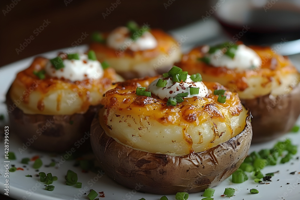 Baked potato skins filled with melted cheese, green onions, and sour cream