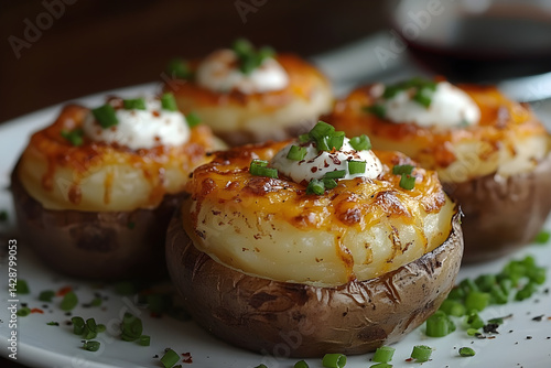 Obraz na płótnie Baked potato skins filled with melted cheese, green onions, and sour cream w salonie