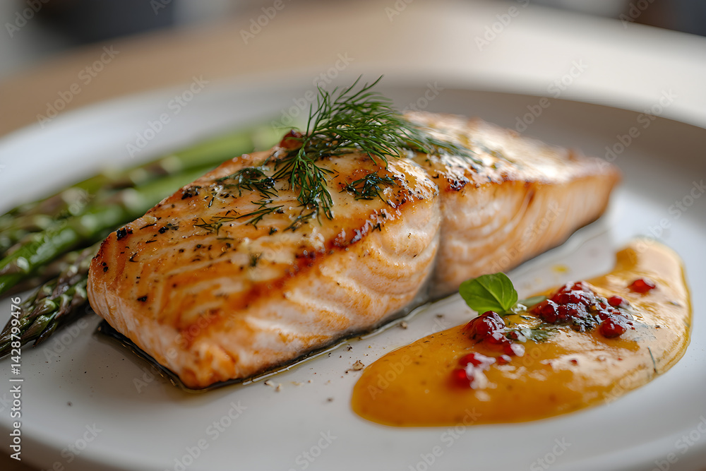 Baked salmon with a dill sauce served on a white plate with asparagus
