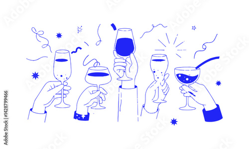  Vector modern linear cartoon hands holding various types of wine and cocktail glasses,  easily editable.