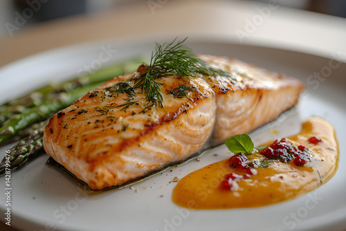 Obraz na płótnie Baked salmon with a dill sauce served on a white plate with asparagus w salonie