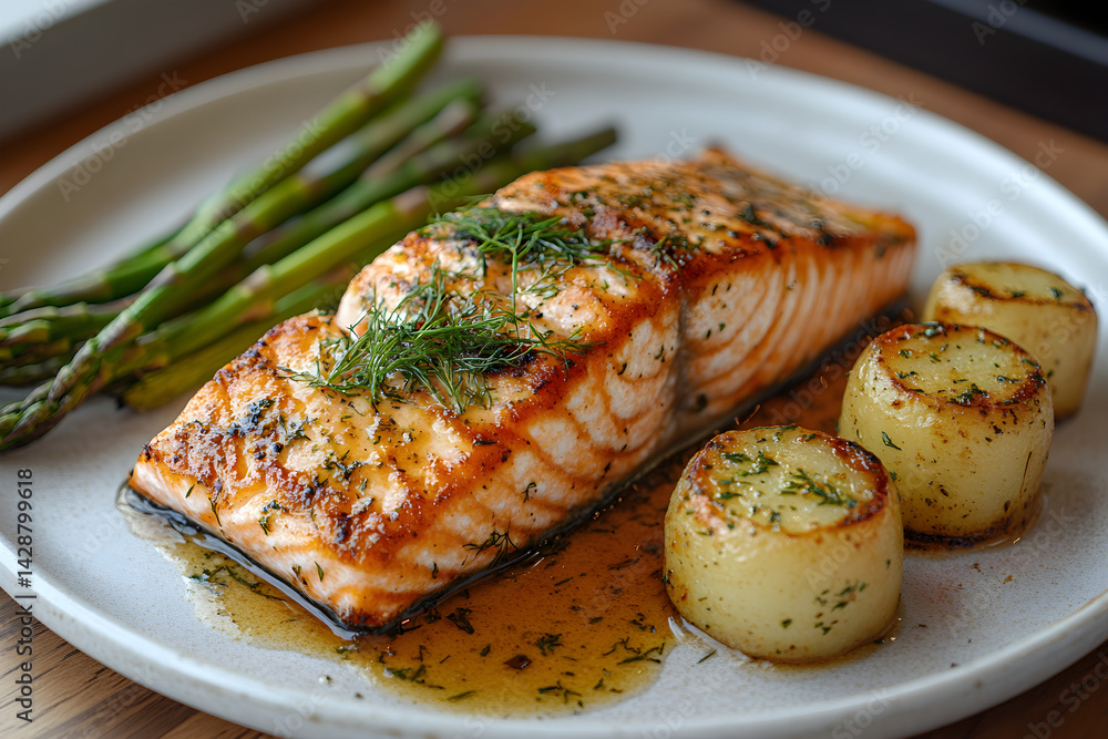 Baked salmon with a dill sauce served on a white plate with asparagus