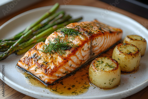 Obraz na płótnie Baked salmon with a dill sauce served on a white plate with asparagus w salonie