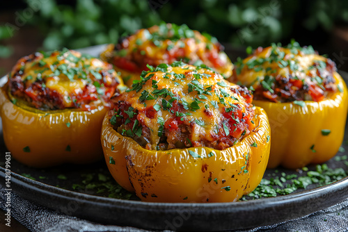 Obraz na płótnie Baked stuffed bell peppers with cheese on top served on a plate w salonie