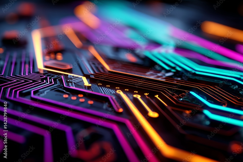 Futuristic high-tech background with neon lights and circuit patterns.