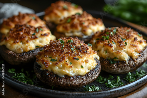 Obraz na płótnie Baked stuffed mushrooms with a savory cheese filling and crispy topping w salonie