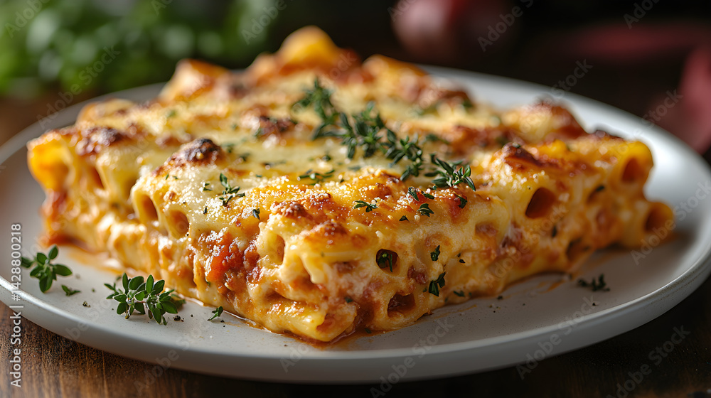 Baked ziti with cheese and marinara sauce on a white plate