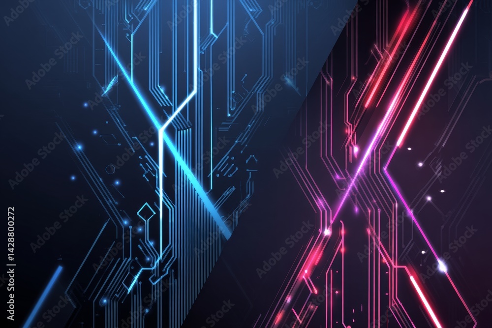 Futuristic high-tech background with neon lights and circuit patterns.