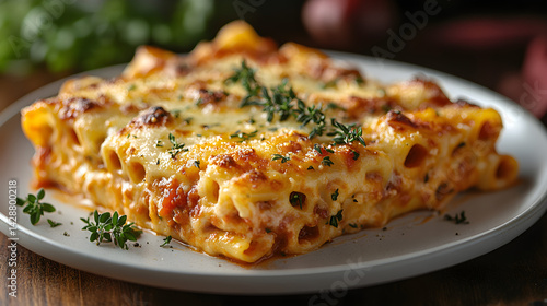 Obraz na płótnie Baked ziti with cheese and marinara sauce on a white plate w salonie