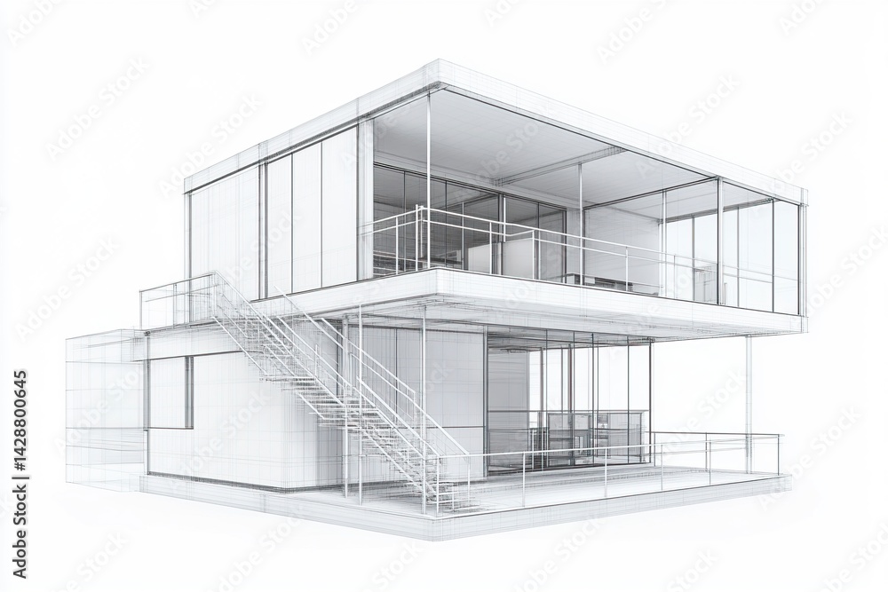 A white and gray wireframe of a modern architectural house with a transparent background, on a white background. Hyper-realistic, high-resolution, high-definition, high-quality. A white and gray wireframe of a modern architectural house with a transparent background, on a white background. Hyper-realistic, high-resolution, high-definition, high-quality.