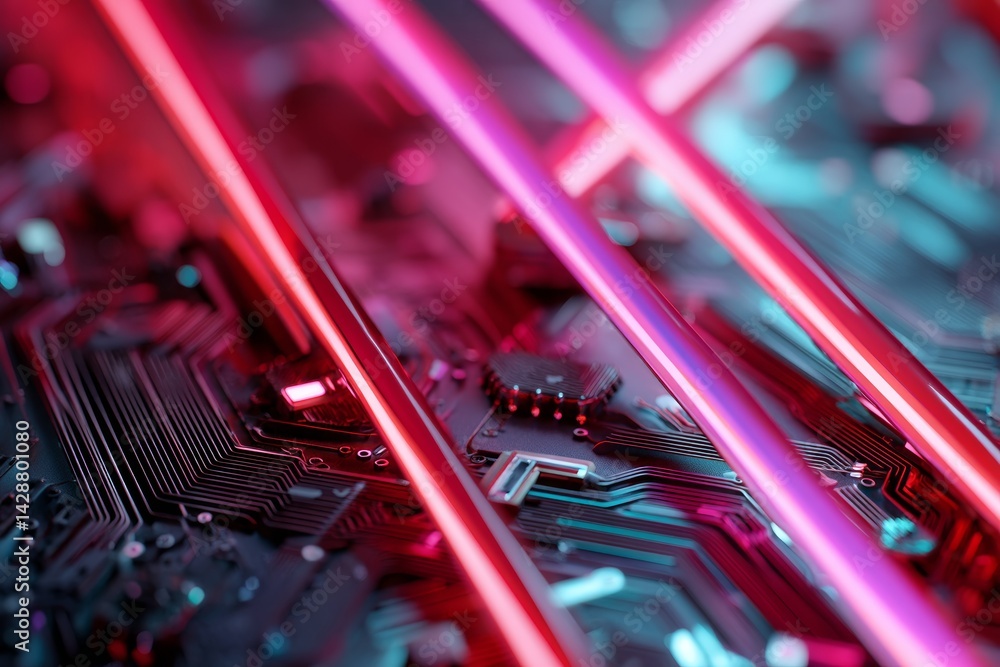 Futuristic high-tech background with neon lights and circuit patterns.