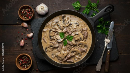 Mushroom stroganoff in a skillet with garlic and spices on wood table