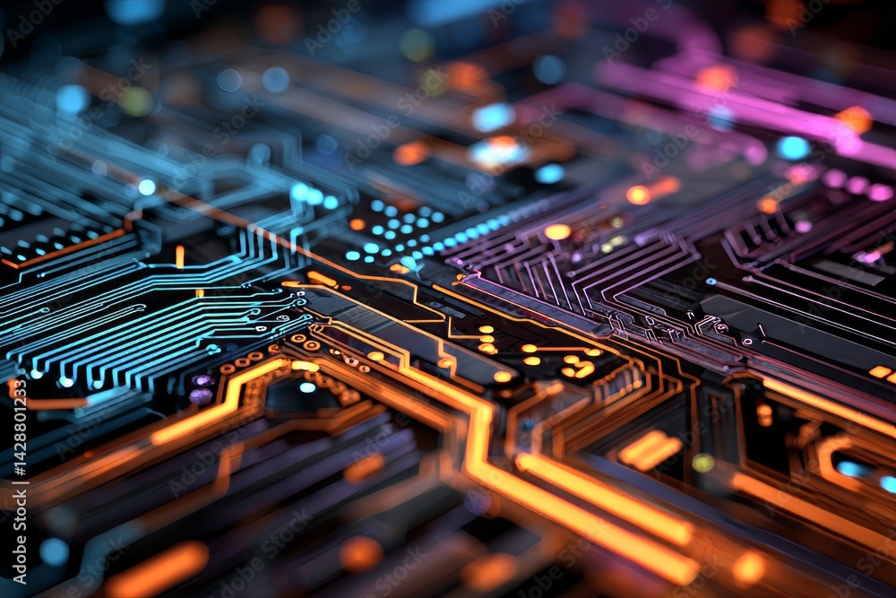 Futuristic high-tech background with neon lights and circuit patterns.
