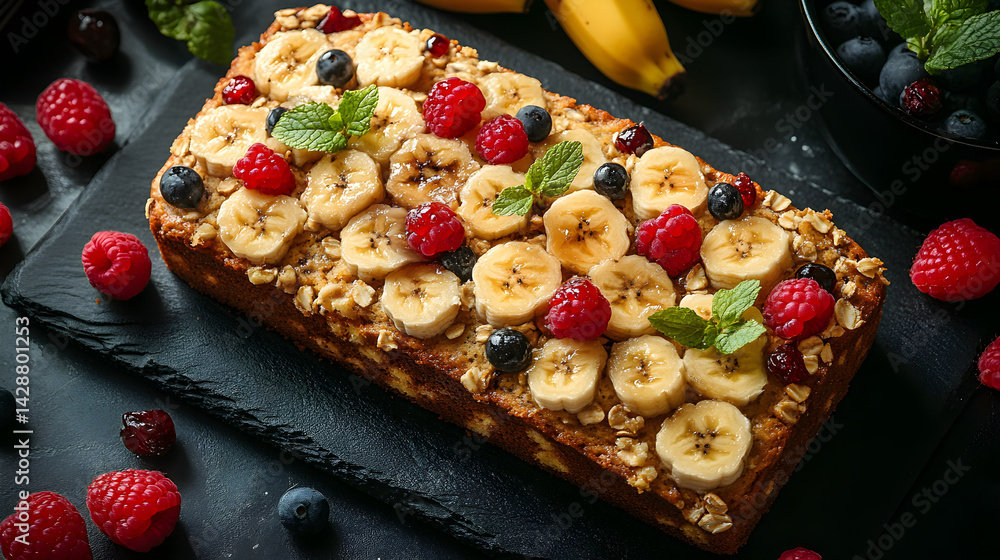 Banana Bread presented on a black textured surface with elegant side garnishing