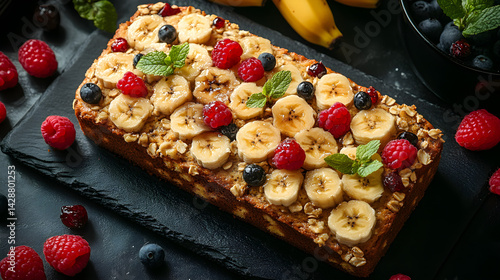 Obraz na płótnie Banana Bread presented on a black textured surface with elegant side garnishing w salonie