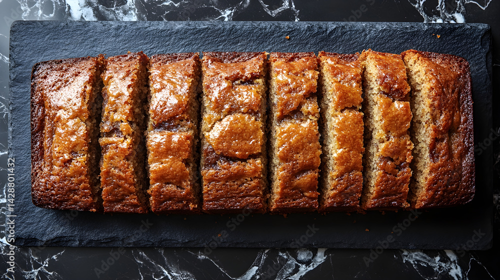 Banana Bread presented on a black textured surface with elegant side garnishing