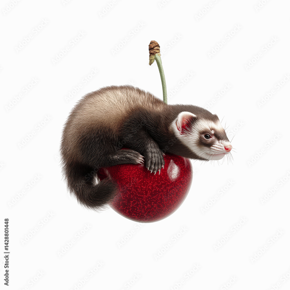 Ferret perched on a giant cherry Ferret perched on a giant cherry