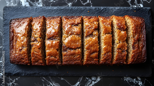 Obraz na płótnie Banana Bread presented on a black textured surface with elegant side garnishing w salonie