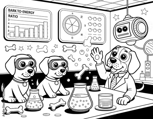 Three adorable dogs, dressed in lab coats and goggles, are conducting experiments in a playful science lab setting