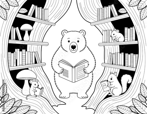 A whimsical black and white illustration depicts a bear, mouse, and squirrel reading books within a hollow tree trunk, which is formed into a cozy library