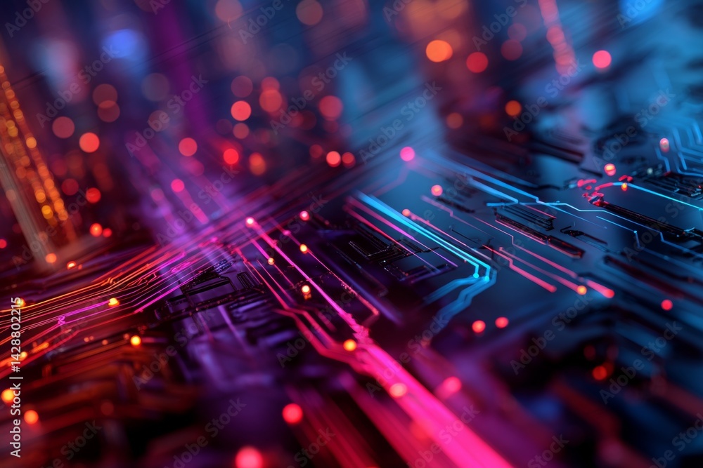 Futuristic high-tech background with neon lights and circuit patterns.