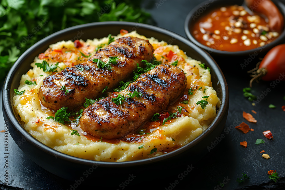 Bangers and Mash styled on rustic black stone table with side ingredients