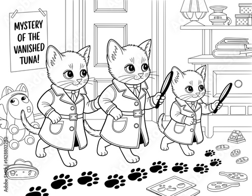 Three adorable, cartoon cats in detective trench coats are investigating a missing tuna