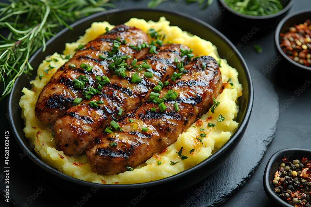 Bangers and Mash styled on rustic black stone table with side ingredients