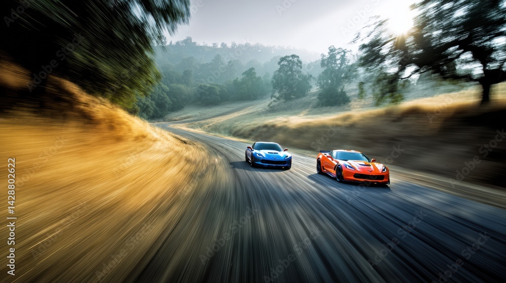 Fototapeta premium Two Sports Cars Racing Neck-To-Neck on a Winding Road Under Sunlight During an Early Morning Event