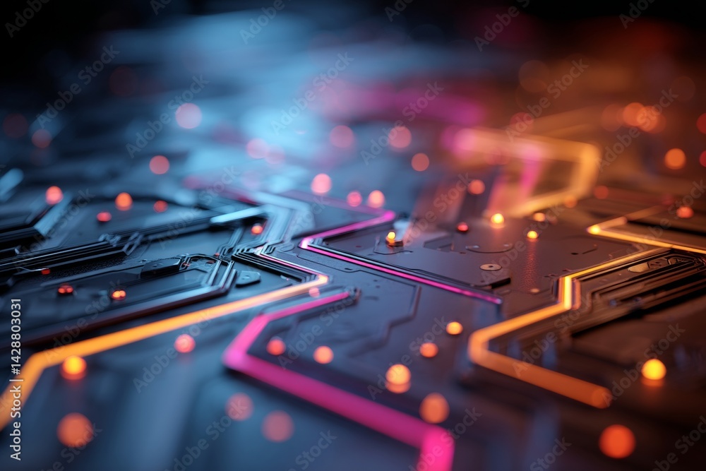 Futuristic high-tech background with neon lights and circuit patterns.