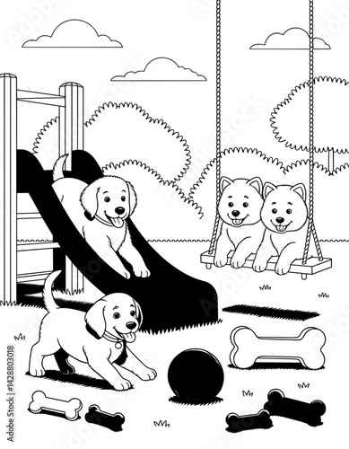 A whimsical illustration of three adorable puppies engaging in playful activities on a playground