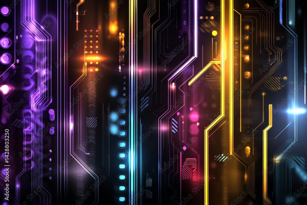 Futuristic high-tech background with neon lights and circuit patterns.