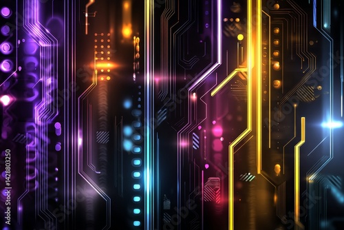 Obraz na płótnie Futuristic high-tech background with neon lights and circuit patterns. w salonie