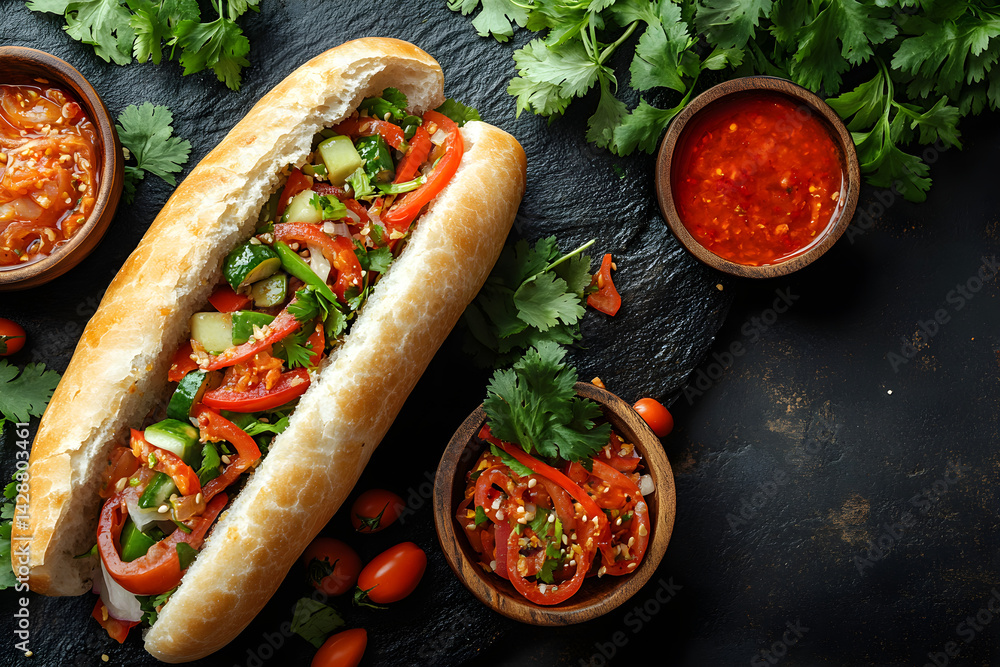 Banh Mi styled on rustic black stone table with side ingredients