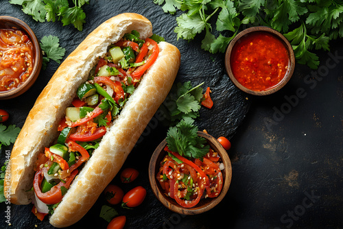 Obraz na płótnie Banh Mi styled on rustic black stone table with side ingredients w salonie
