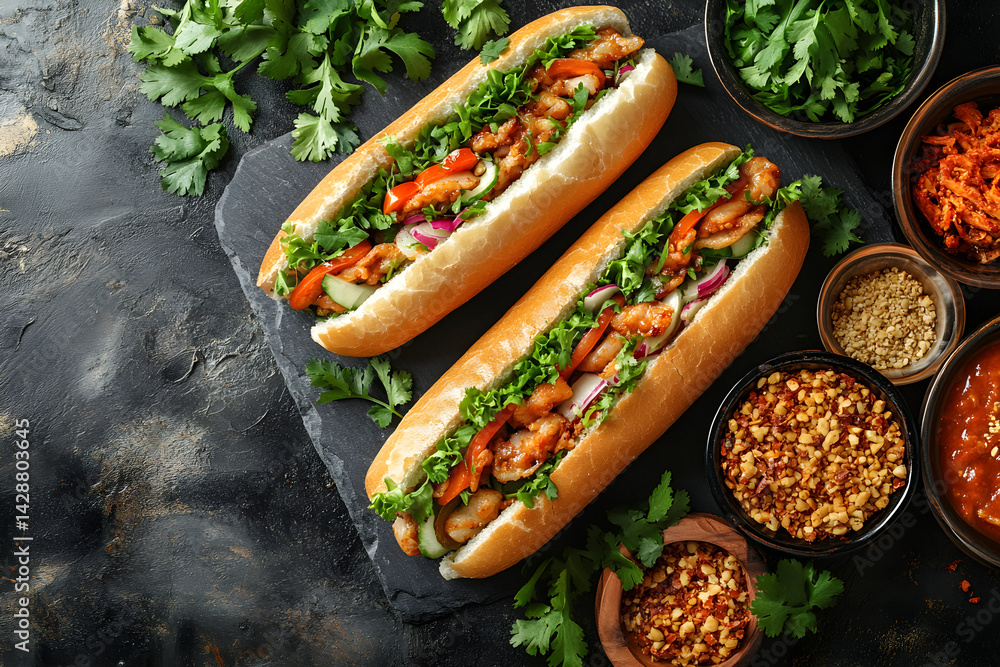 Banh Mi styled on rustic black stone table with side ingredients