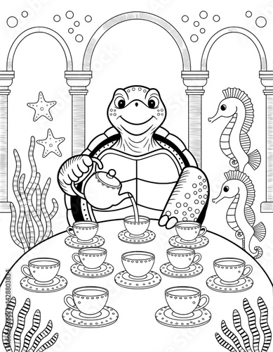 A friendly turtle hosts a tea party under the sea