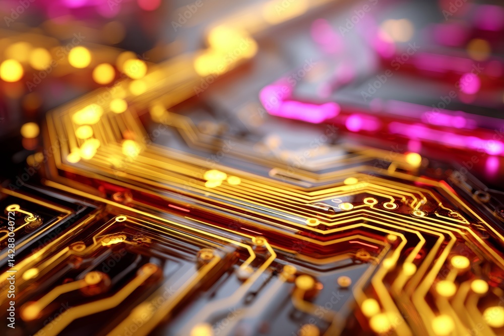 Futuristic high-tech background with neon lights and circuit patterns.