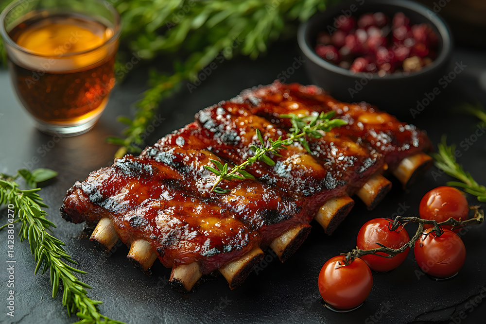 Barbecue Ribs styled on dark grey background with clean plating and props