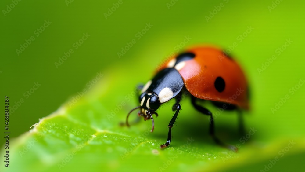 Naklejka premium Ladybug On Green Leaf Close Up