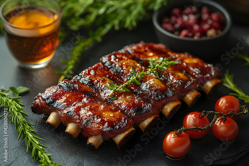 Obraz na płótnie Barbecue Ribs styled on dark grey background with clean plating and props w salonie