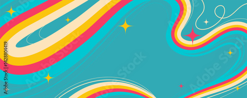 Retro Abstract Design with Wavy Lines and Sparkling Stars on Blue Background. Retro cosmic swirls with vibrant movement. Perfect for futuristic prints, party and space themes.