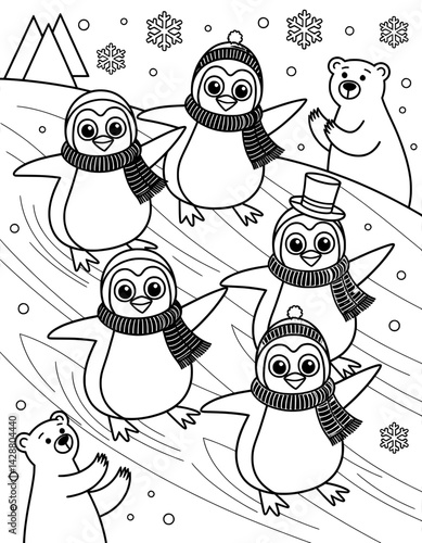 Cute, stylized penguins and a polar bear in a winter wonderland scene