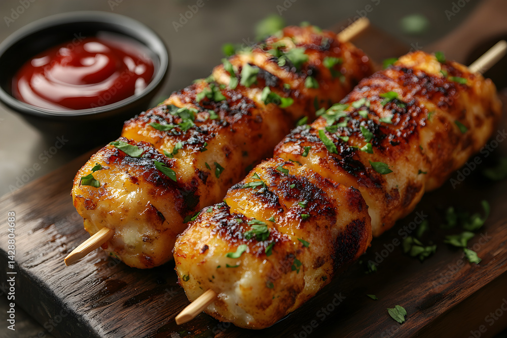 Battered corn dog with a side of ketchup on a wooden board