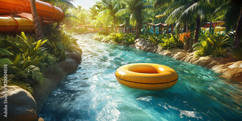 Enjoying a relaxing float on a lazy river surrounded by lush tropical scenery and vibrant water slides